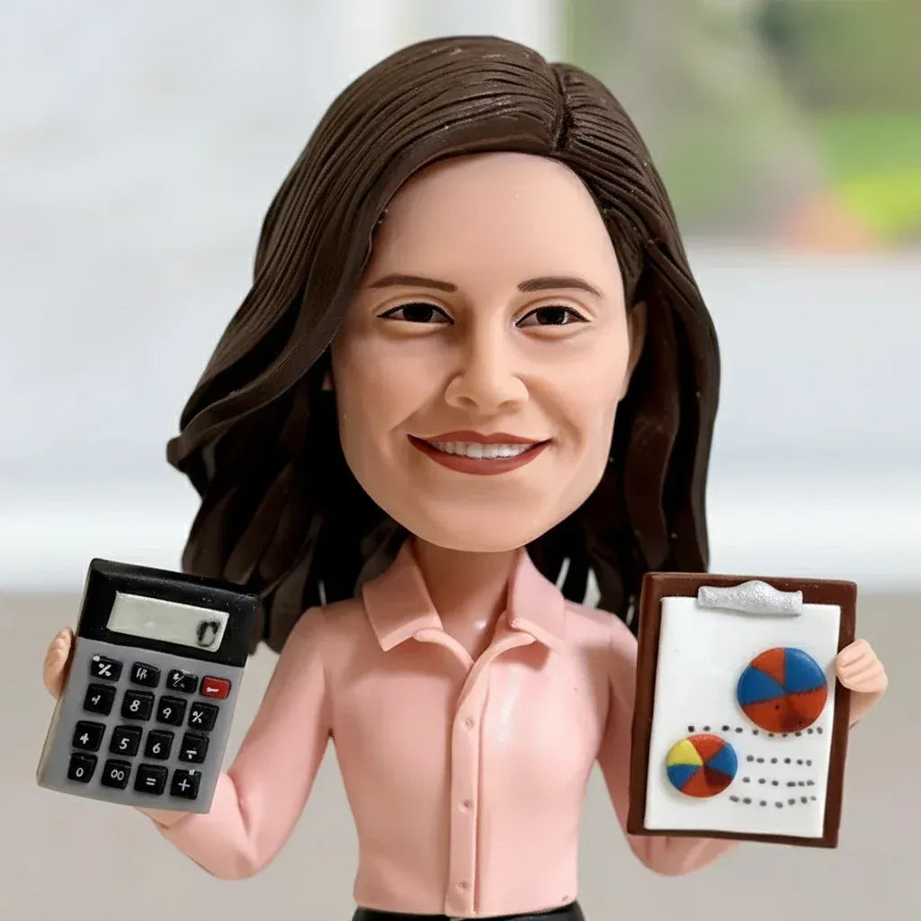 Custom female accountant bobblehead handcrafted from customer photos.webp