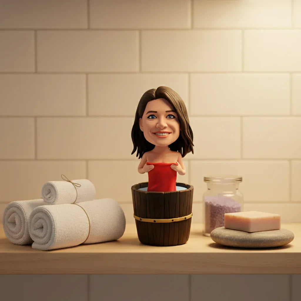 Custom female bobblehead relaxing in a wooden bathtub with a red towel, displayed on a spa-style shelf with rolled towels, soap, and bath salts