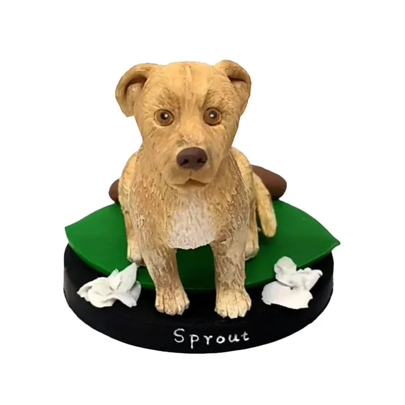 Dog bobblehead figurine named 'Sprout' on a green platform with a white background