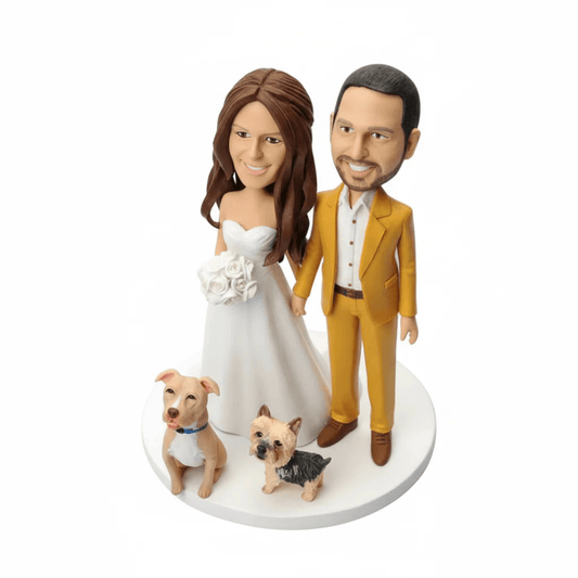 Custom Bride Groom Couple With 2 Pets Bobblehead from Photo | Wedding Keepsake