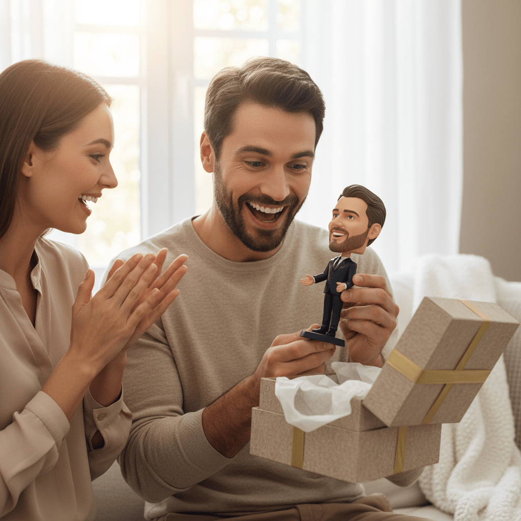 Create a bright, natural lifestyle photo: a happy man opening a premium gift box , reacting with surprise and joy while holding a custom bobblehead that matches the reference bobblehead. a woman standing close to the man . Soft daylight, neutral background, high-end feel, shallow depth of field, realistic hands, no text, no logos.” the story is about the man receiving his anniversary gift. size 1080*1080