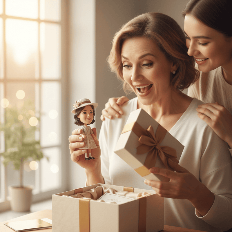 “Create a bright, natural lifestyle photo: a happy mother opening a premium gift box from her daughter, reacting with surprise and joy while holding a custom bobblehead that matches the reference bobblehead. Soft daylight, neutral background, high-end feel, shallow depth of field, realistic hands, no text, no logos.” mother's day background, size 1080*1080