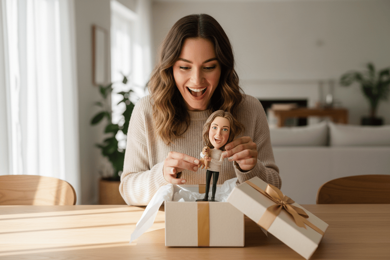 “Create a bright, natural lifestyle photo: a happy woman opening a premium gift box on a clean dining table, reacting with surprise and joy while holding a custom bobblehead that matches the reference bobblehead. Soft daylight, neutral background, high-end feel, shallow depth of field, realistic hands, no text, no logos.”
