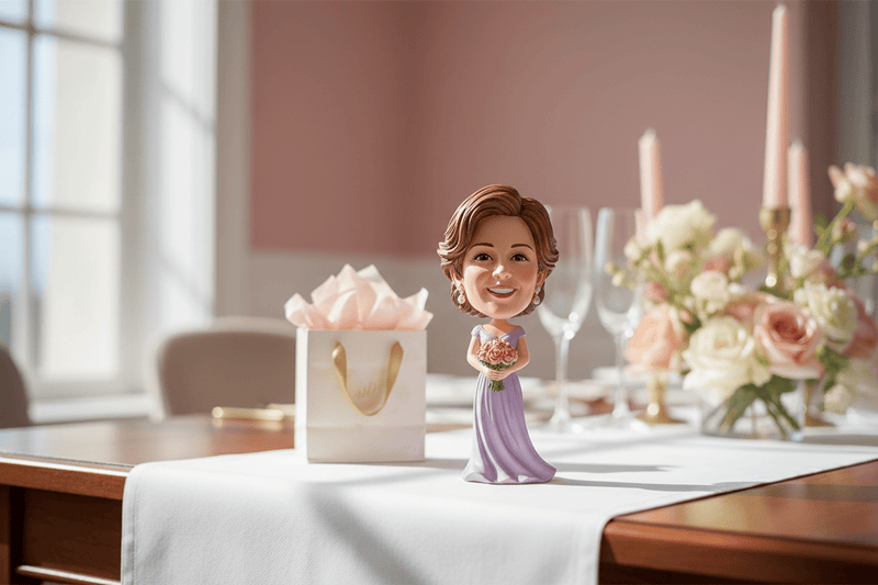Generate a premium lifestyle photo for mother's day gift collection: a custom bobblehead figurine on a neat party table with softly blurred in the background, a small gift bag, Style is modern, clean, high-quality photography, not cartoonish. Soft natural lighting, no text, no logos.
