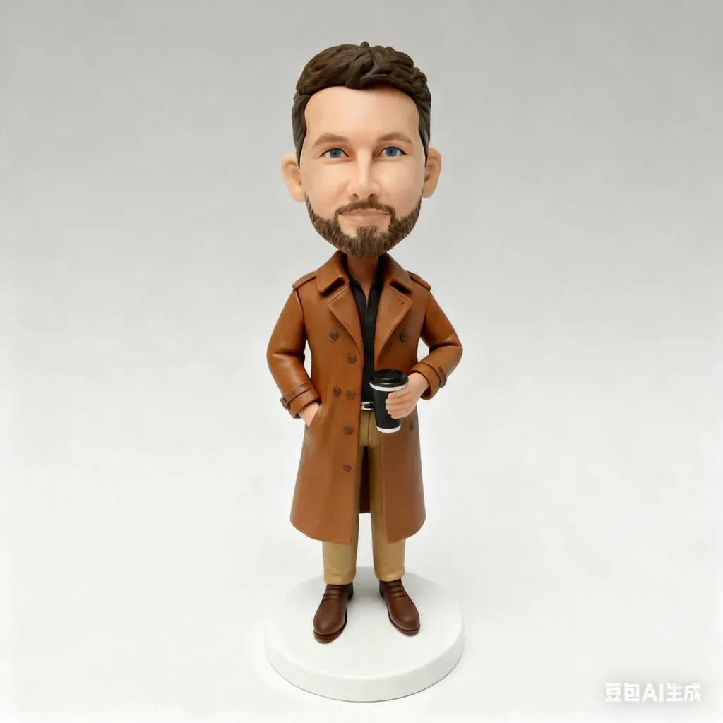 Bobblehead figure of a man in a brown coat holding a coffee cup on a white background