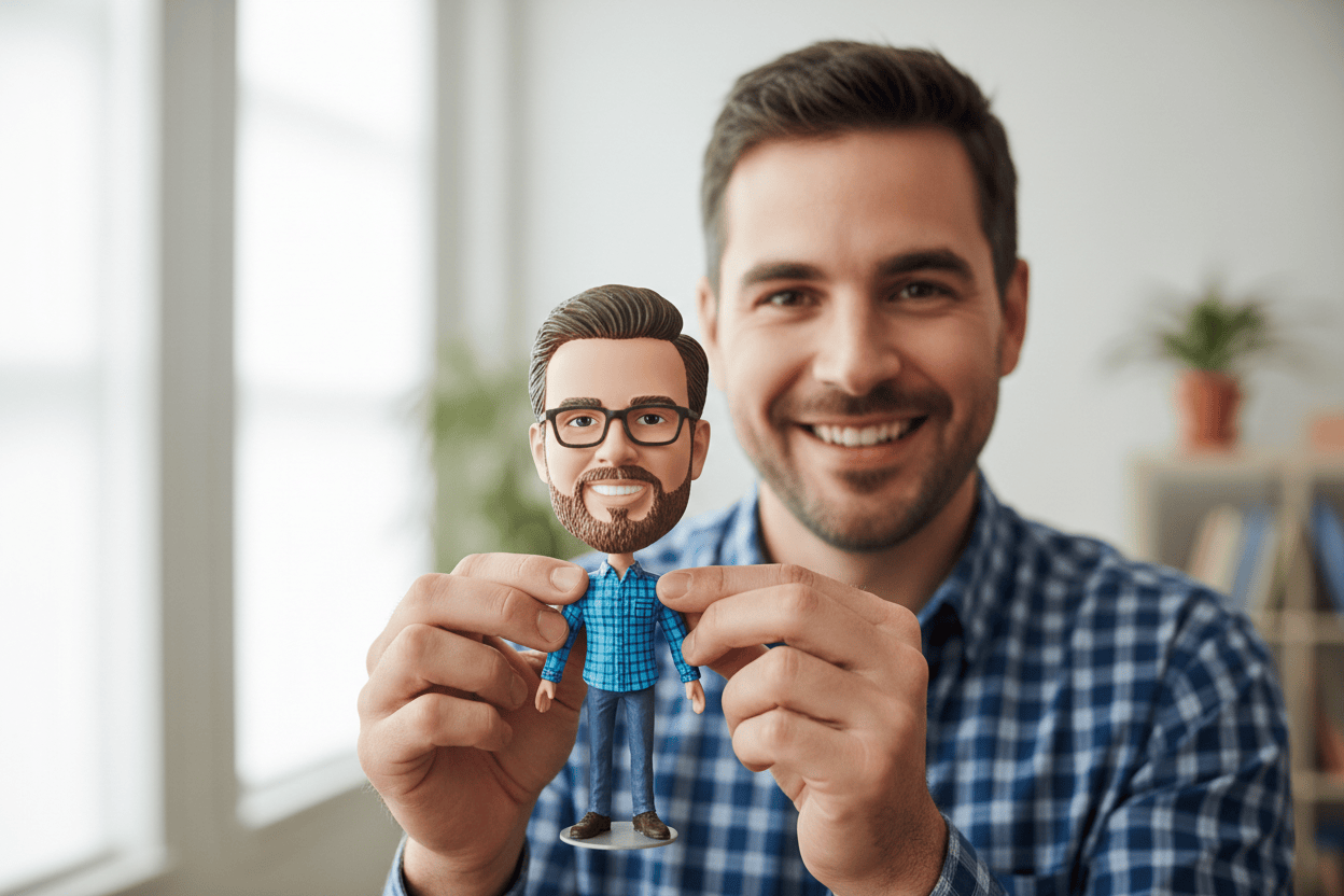 “Lifestyle close-up: a man holding his own custom bobblehead with both hands, smiling, bright neutral indoor background, soft window light, high detail on face paint and clothing, realistic proportions, no artifacts, no extra fingers, no text.”