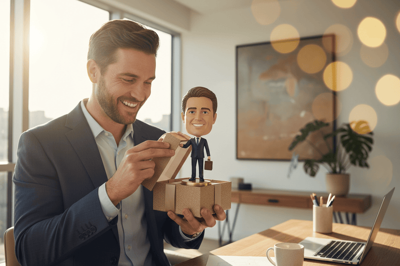 Modern home office scene:Create a bright, natural lifestyle photo: a happy boss(man) opening a premium gift box from his clerk, reacting with surprise and joy while holding a custom bobblehead that matches the reference bobblehead. Soft daylight, neutral background, high-end feel, shallow depth of field, realistic hands, no text, no logos.”